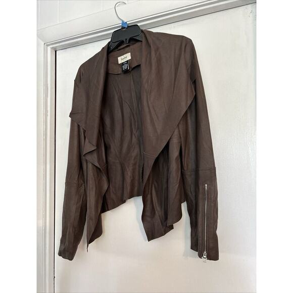 Neumann Marcus Brown Leather Open From Cascade Ruffle Zippered Sleeves - Picture 2 of 13